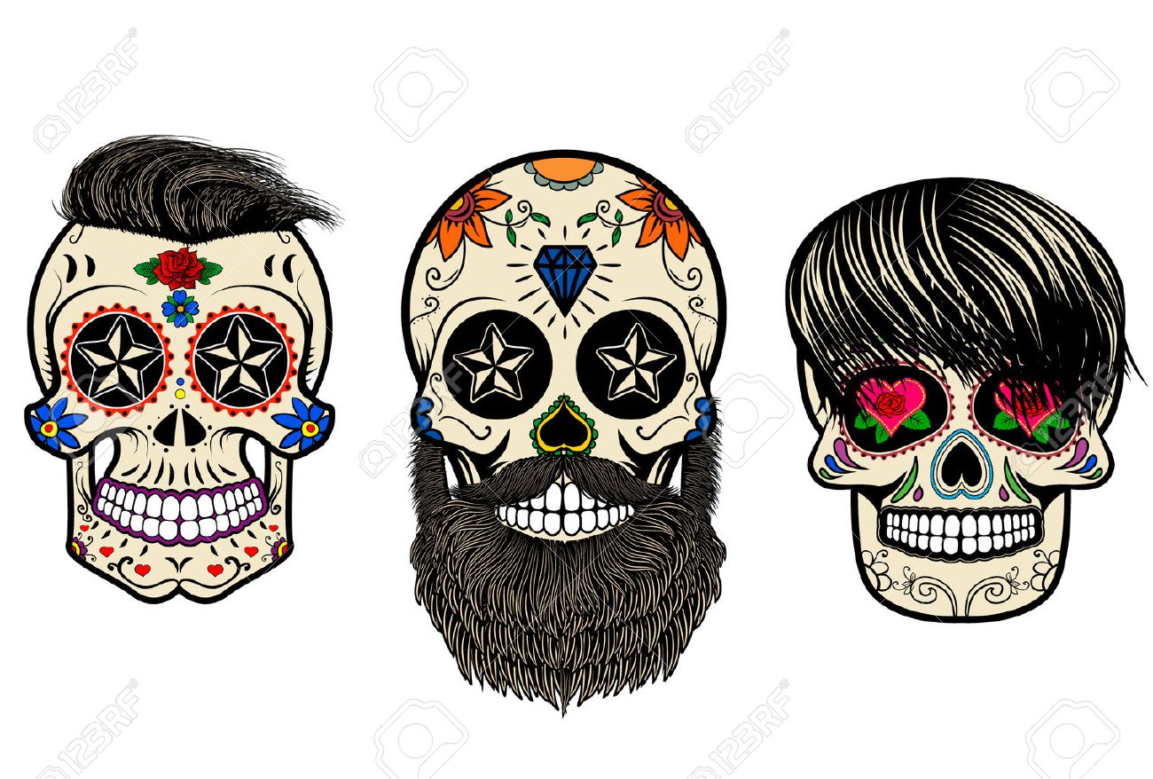 1300x878 Three Sugar Skulls With Hair And Beards. The Day Of The Dead