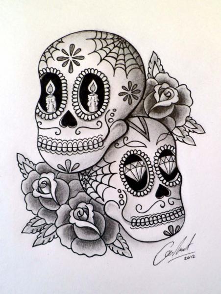 451x600 Roses And Sugar Skull Tattoo Designs
