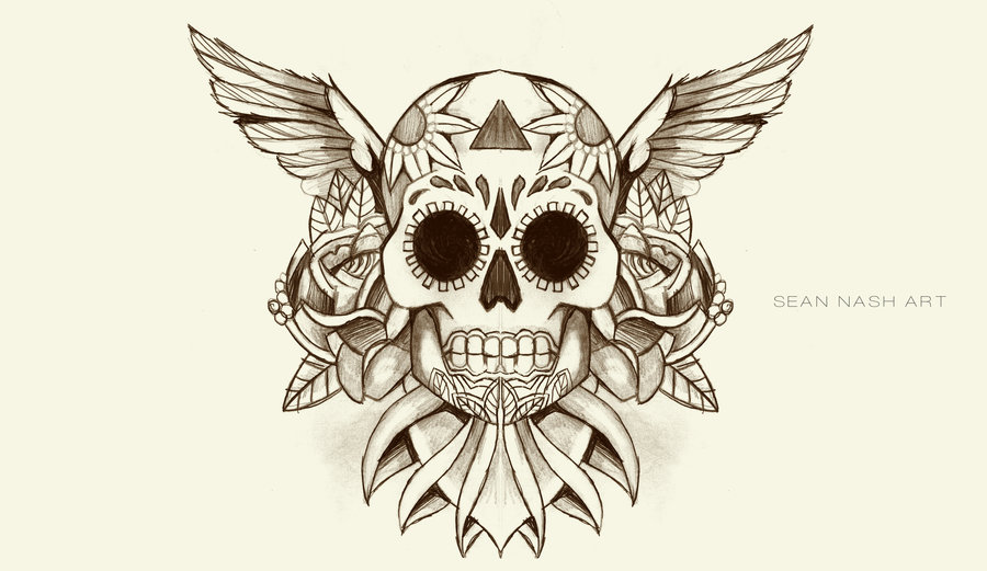 900x521 Winged Sugar Skull Tattoo Design