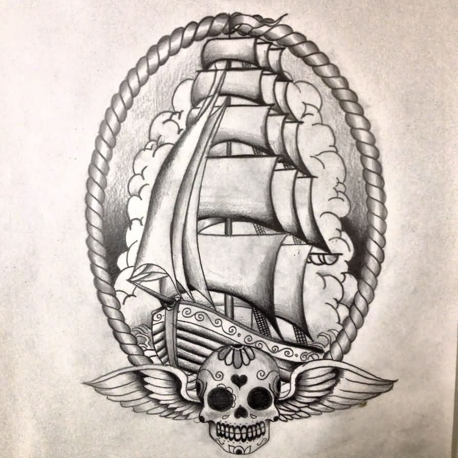 894x894 Grey Nautical Ship And Winged Sugar Skull Tattoos Sketch
