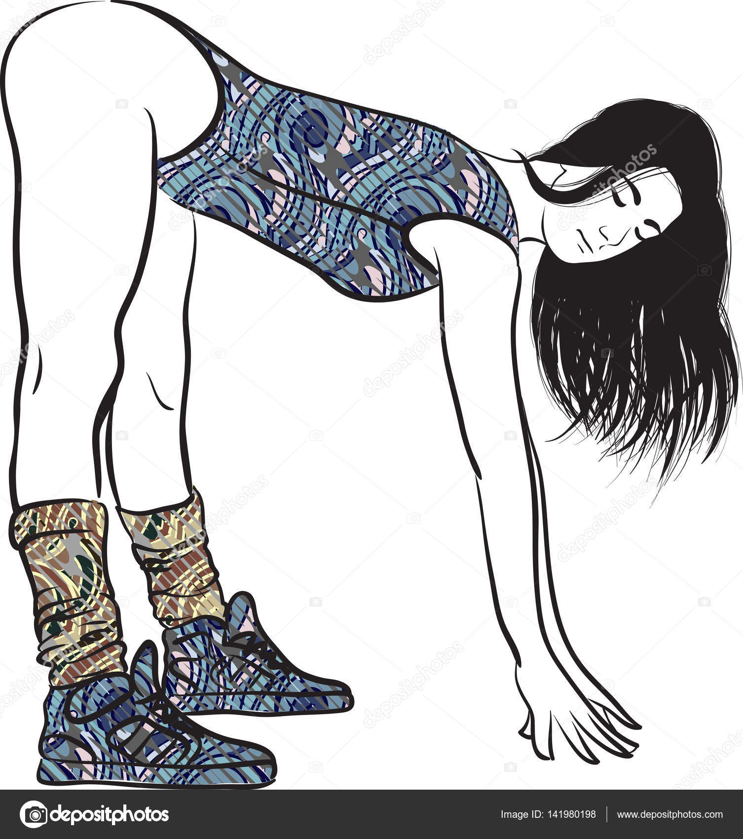 1506x1700 Drawing Of A Girl In A Blue Suit And Sneakers Stock Vector