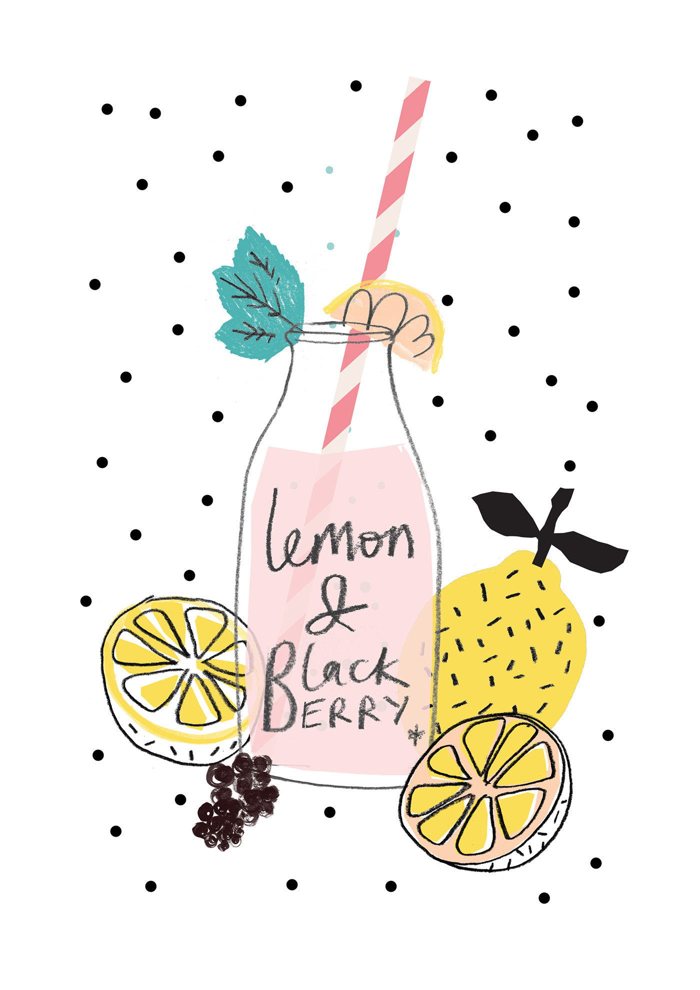 1400x1980 Lemon And Blackberry, Drawing, Drink, Fruit, Summer, Illustration