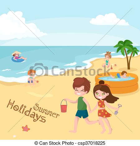 450x470 Children Summer Vacation. Kids Playing Sand Around Water