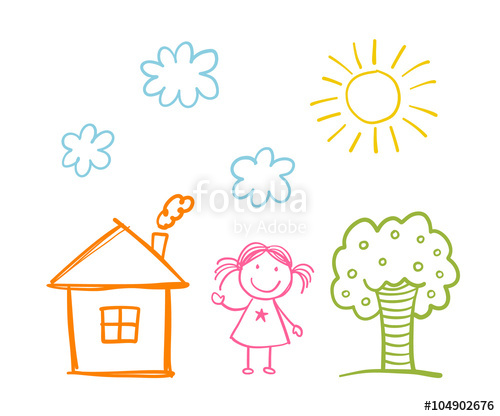 500x416 Doodle Children`s Drawing With Happy Girl, House, Tree, Clouds