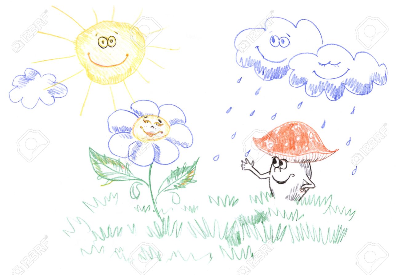 1300x894 Kids Pencil Drawing Of Happy Sun, Clouds, Flower And Mushroom