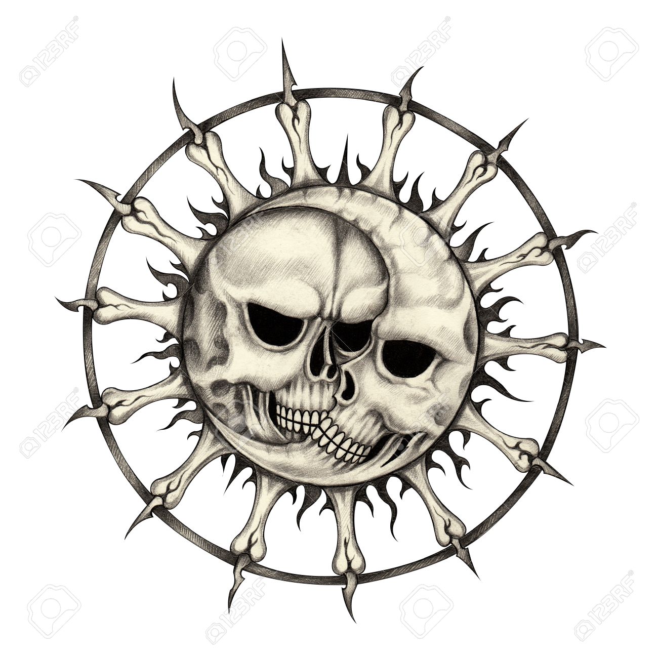 1300x1300 Sun And Moon Skull Tattoo.hand Pencil Drawing On Paper. Stock