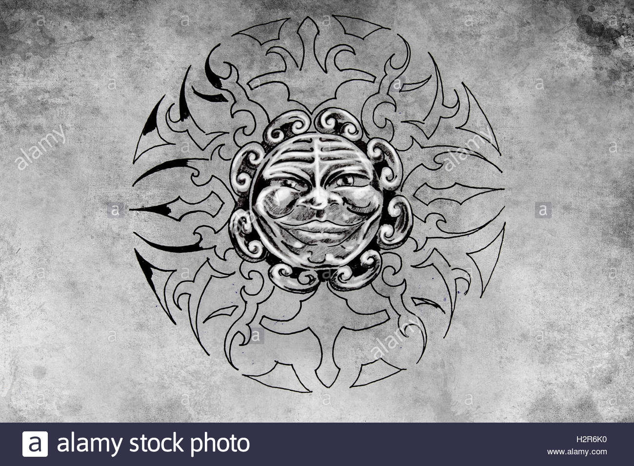 1300x956 Tattoo Sun Face Illustration, Handmade Draw Over Vintage Paper