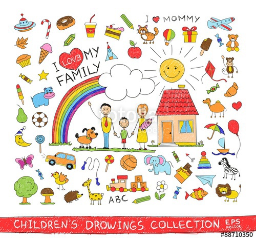 500x468 Child Hand Drawing Illustration Of Happy Family With Kids Near