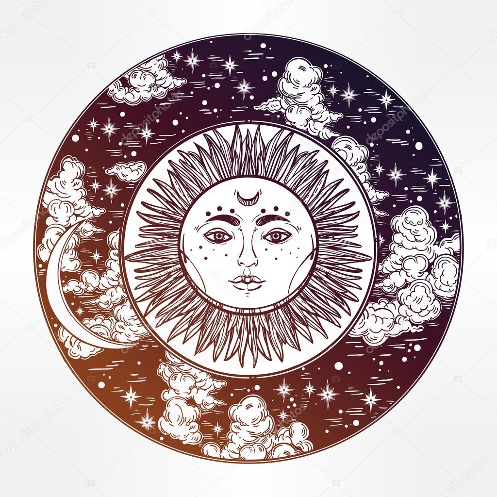 1024x1024 Round Drawing Of A Night Sky With Sun. Moon Inside Stock Vector