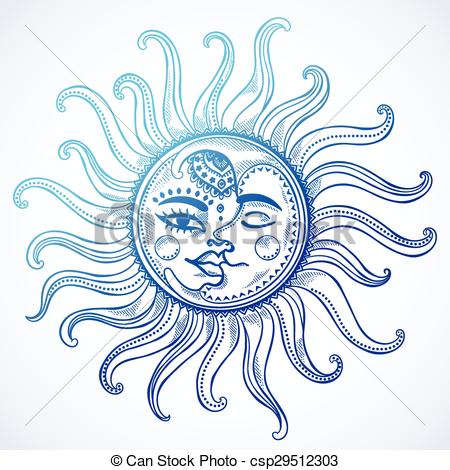 450x470 Sun And Moon Vintage Illustration. Sun, Moon And Stars Vector