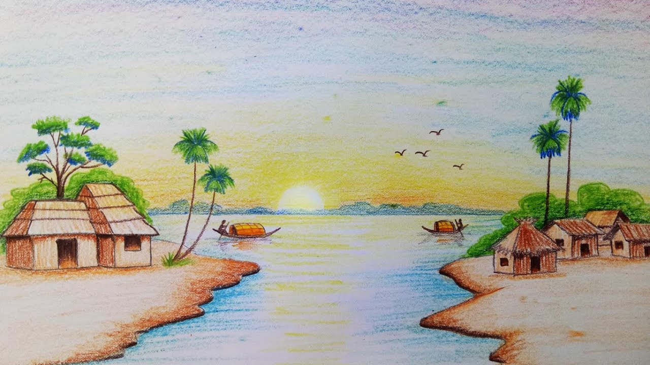 1280x720 How To Draw Scenery Of Sunrise Landscape Step By Step