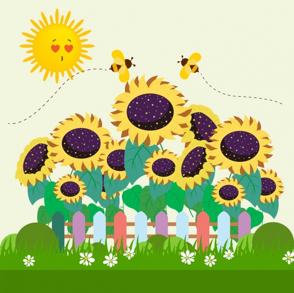 600x599 Nature Drawing Stylized Sun Sunflower Honeybee Icons Free Vector