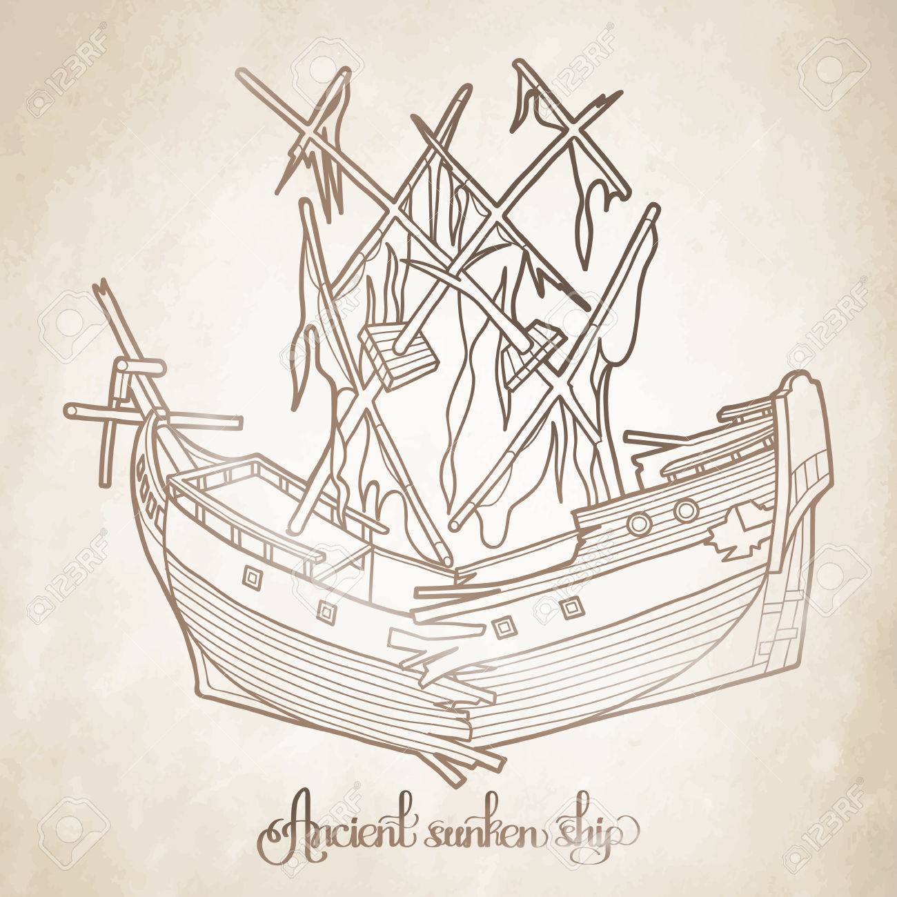 1300x1300 Ancient Sunken Ship. Graphic Vector Illustration Isolated