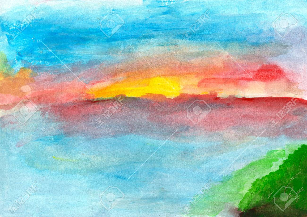 1300x920 Children's Drawing Landscape Sunset On The Water In Summer Stock