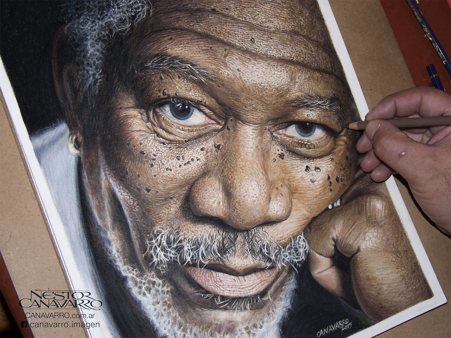 880x660 Super Detailed Drawing Of Morgan Freeman In Color Pencils