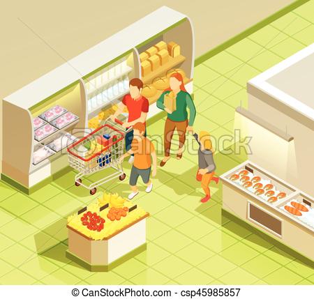 450x429 Family Grocery Shopping Supermarket Isometric View. Family