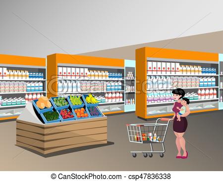 450x366 Mom Shopping With Kids. Woman In Supermarket. Vectors