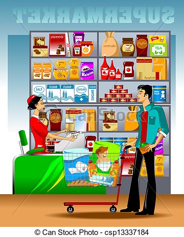 366x470 Supermarket. Young Man Carries A Shopping Cart To The Stock