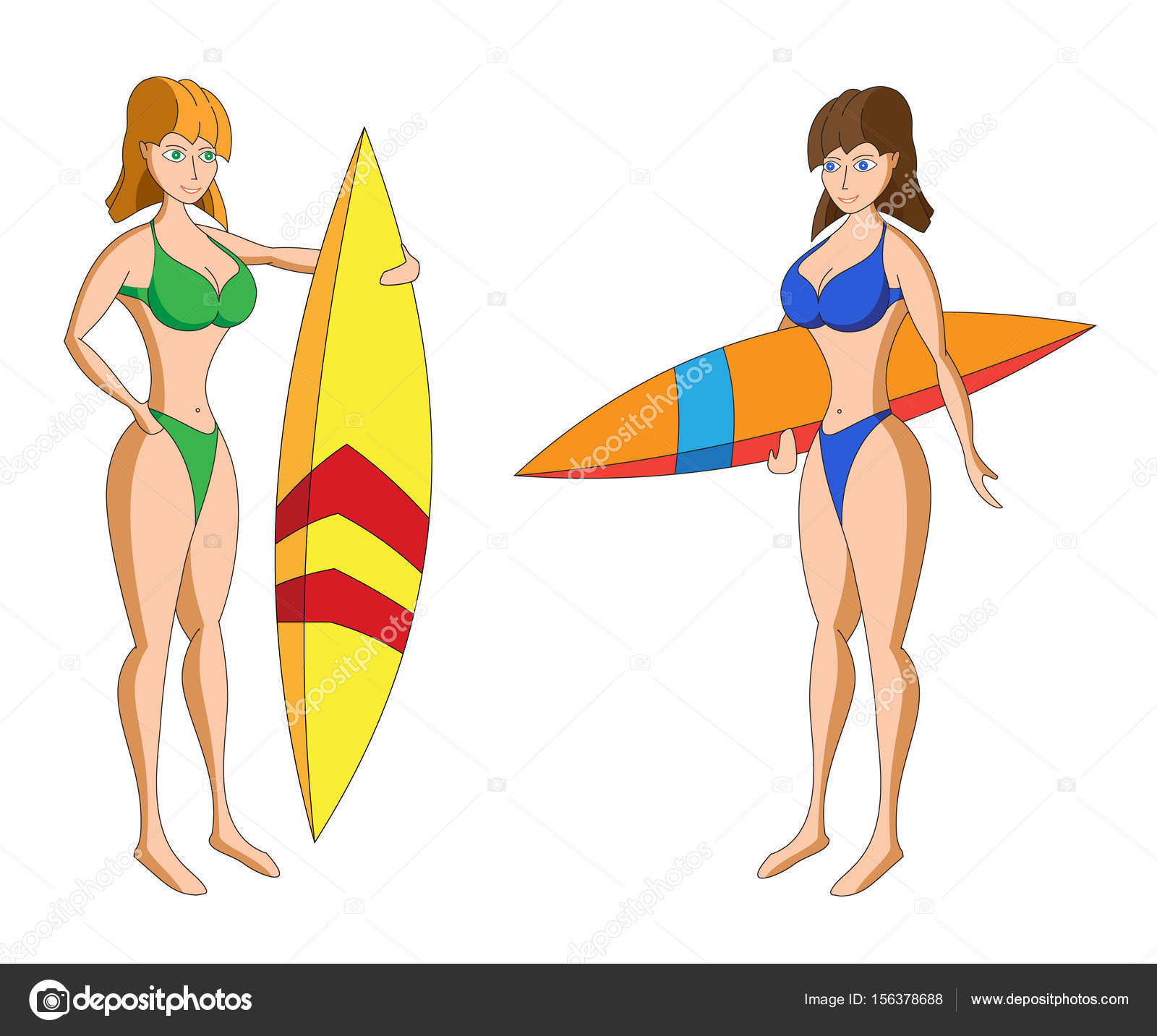 1600x1433 Two Cartoon Girls In Bikini With Surfing Boards Stock Vector