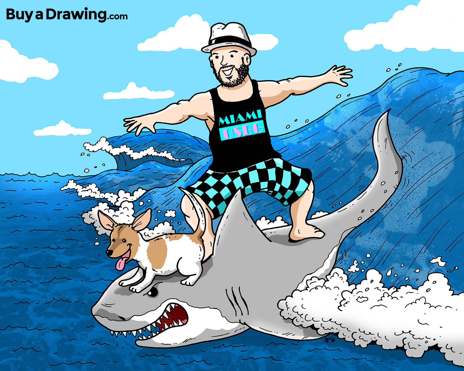 1500x1199 Man Surfing On A Shark With His Pet Dog Cartoon Drawing