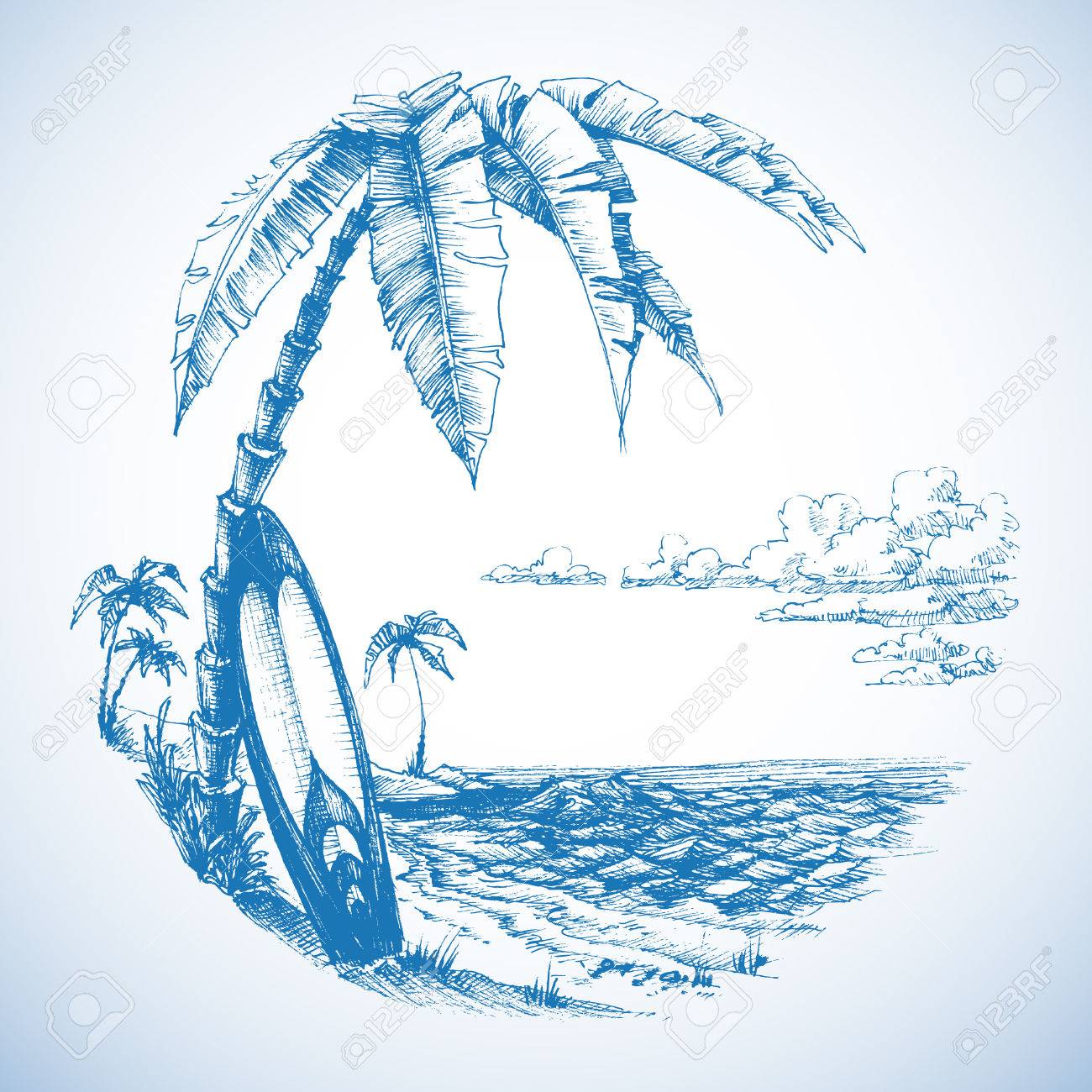 1300x1300 Surfing Background, Palm Trees And Sea View Royalty Free Cliparts
