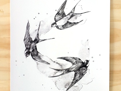 420x318 Black Swallows Bird Print A4