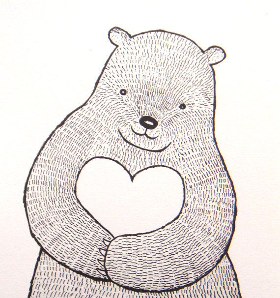 570x606 Bear With Heart Ink Drawing Print Bear Illustration Black Amp White