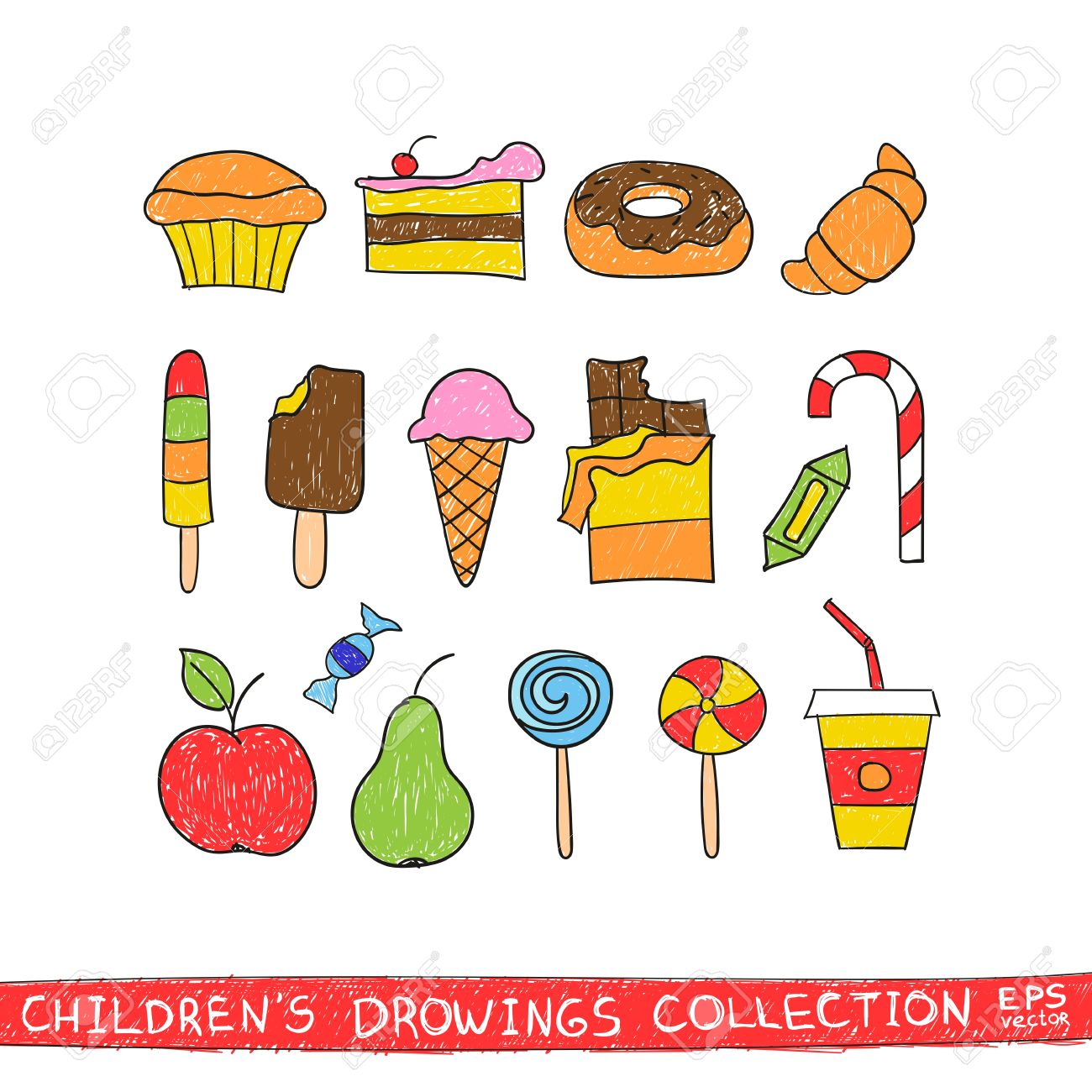 1300x1300 Kids Hand Drawing Tasty Food. Cartoon Sketch Illustration