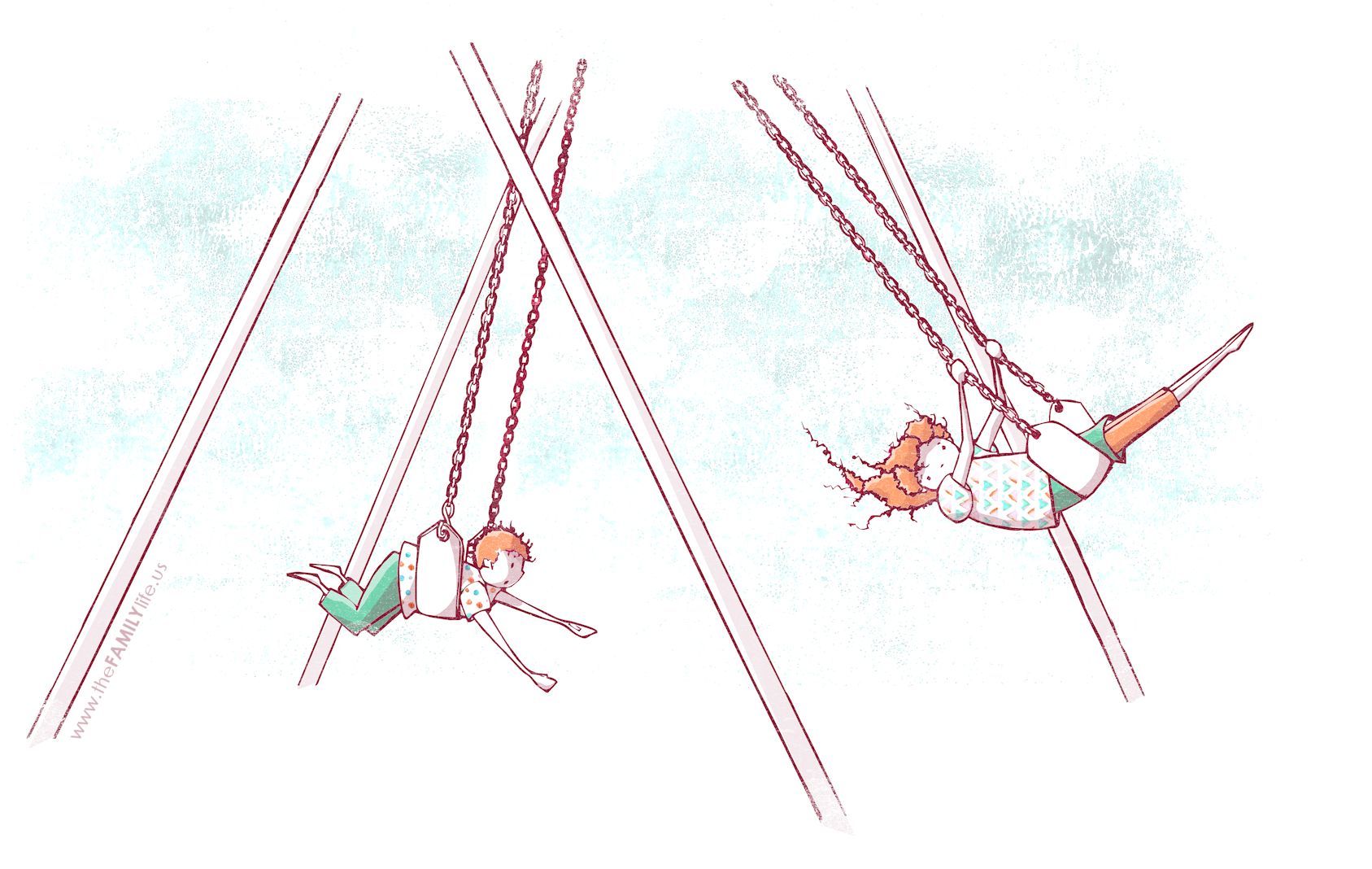 1687x1068 Swinging Swings Girl Boy Summer Clouds Drawing Illustration