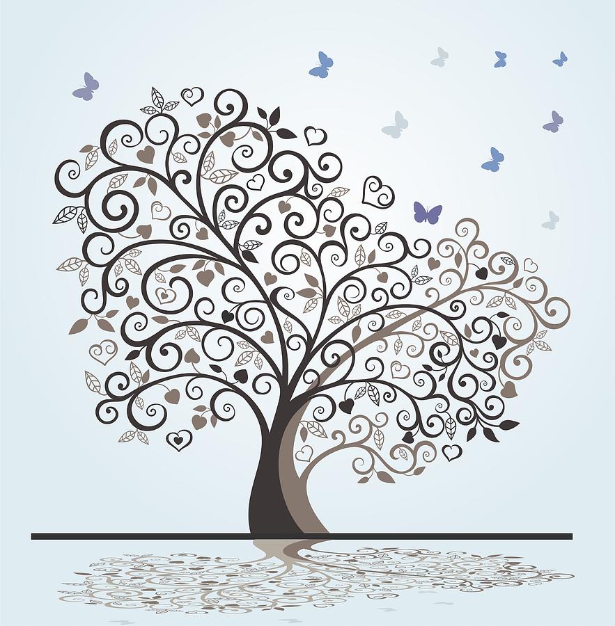 883x900 Tree With Swirls Hearts And Butterflies Drawing By Olivera Antic