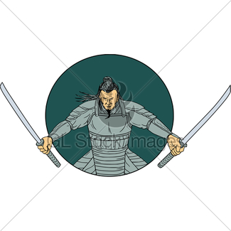 325x325 Samurai Warrior Two Swords Looking Up Circle Drawing Gl Stock Images