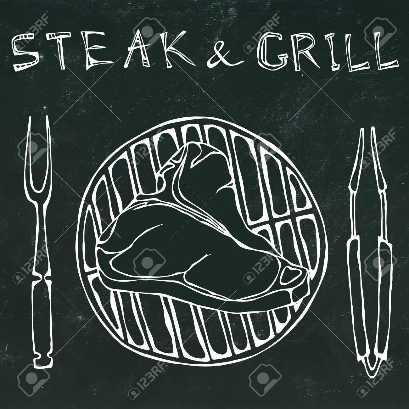 1300x1300 T Bone Steak On The Grill For Barbecue, Tongs And Fork. Lettering