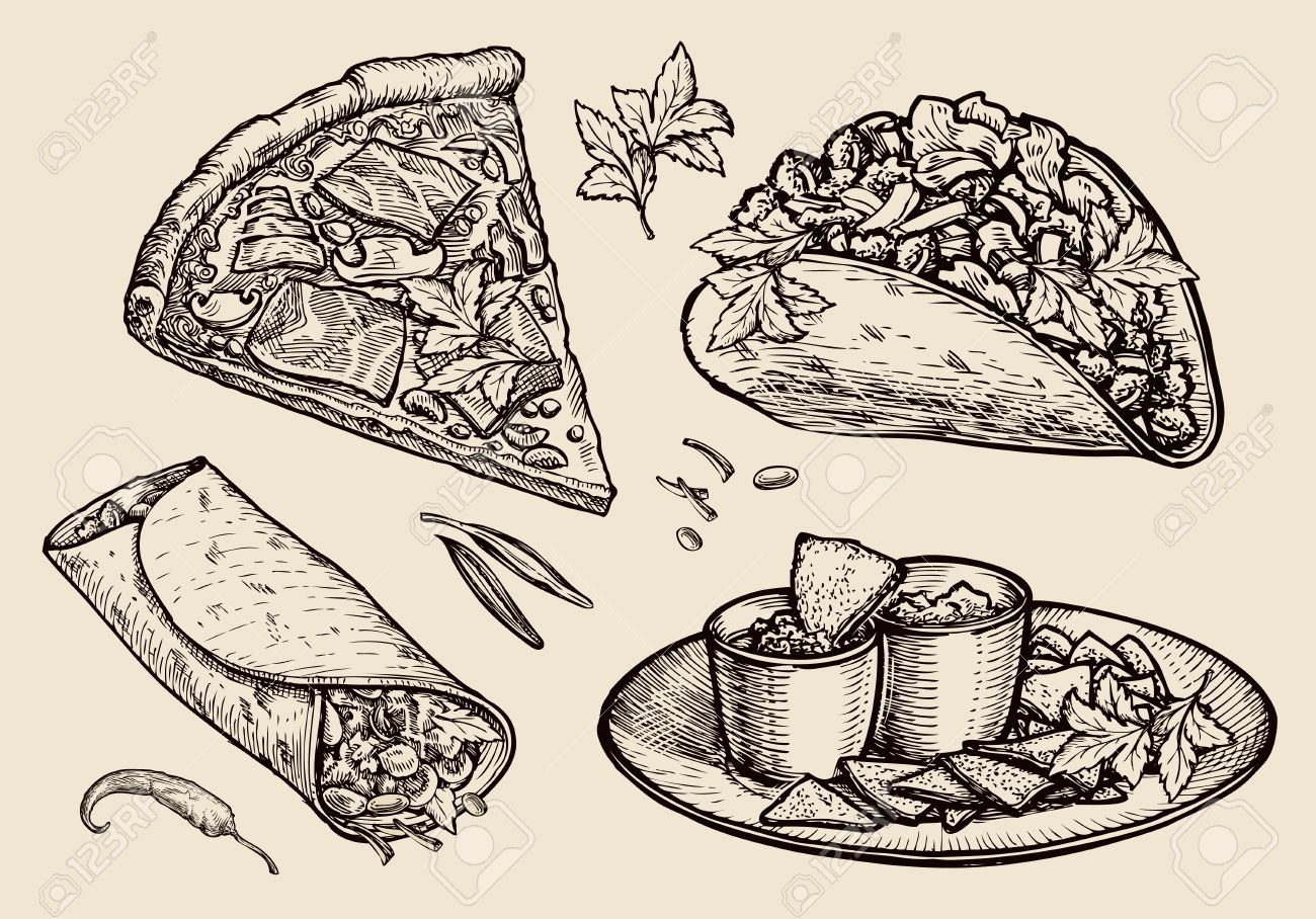 1300x908 Sketch Food, Pizza, Sandwich, Tacos, Nachos. Vector Illustration