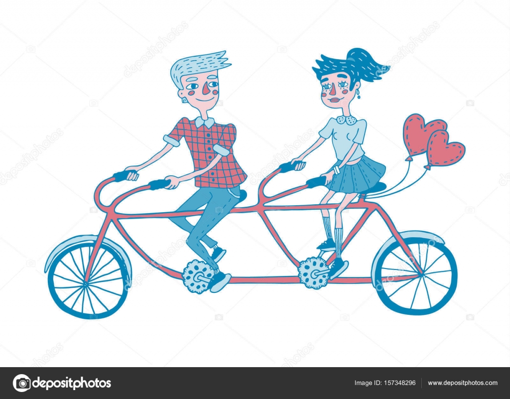 1024x801 Young Couple Riding Tandem Bicycle. Dating. Stock Vector