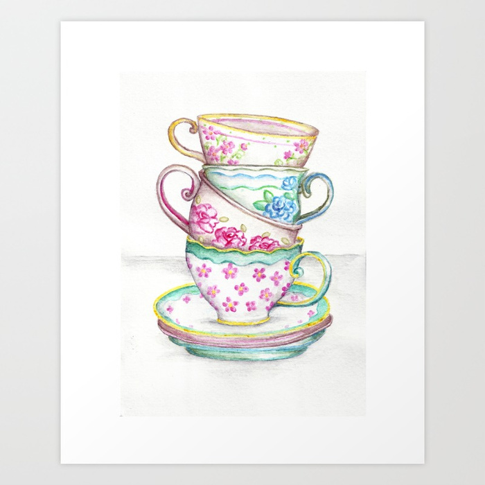 700x700 Tea Cup Art Kitchen Watercolor Painting Drawing Art Print By