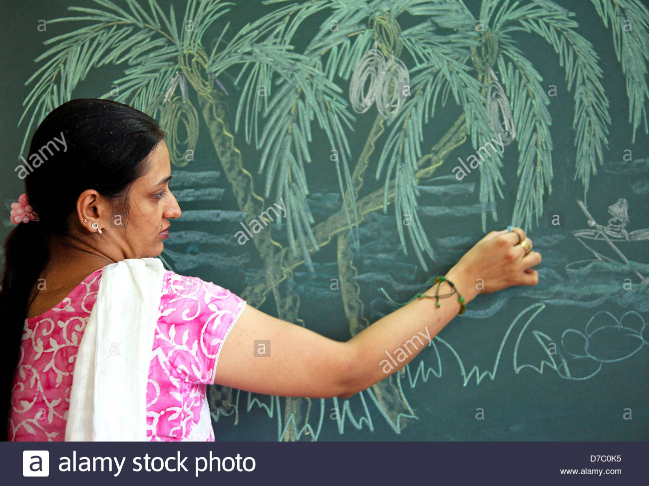 1300x973 Indian Female Teacher Chalk Drawing On Blackboard Stock Photo