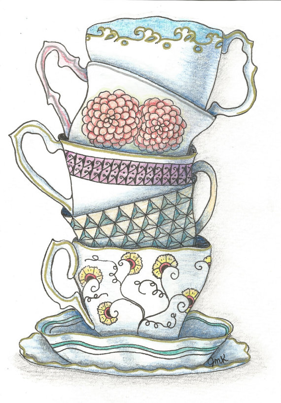 570x817 Stacked Teacups, Mad Hatter Tea Party Zentangle Tangle It