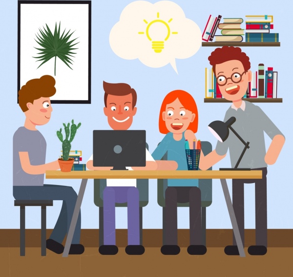 600x566 Teamwork Drawing Staffs Lightbulb Icons Colored Cartoon Design