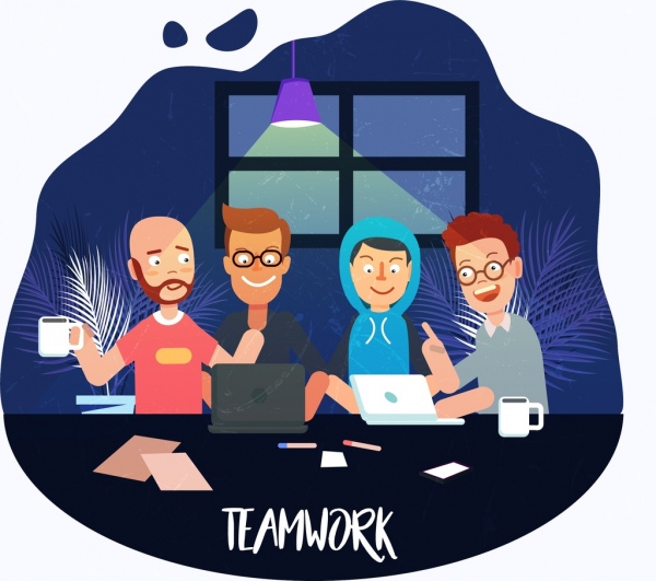 600x531 Teamwork Drawing Working Human Icons Colored Cartoon Decor Free