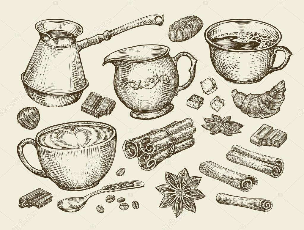 1023x774 Food, Tea, Coffee. Hand Drawn Cup, Cinnamon, Anise, Creamer