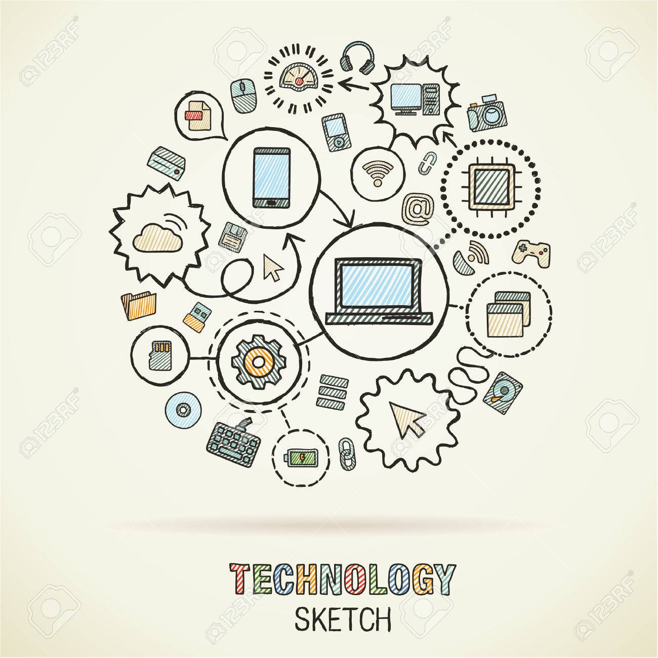 1300x1300 Technology Hand Drawing Integrated Sketch Icons. Vector Doodle
