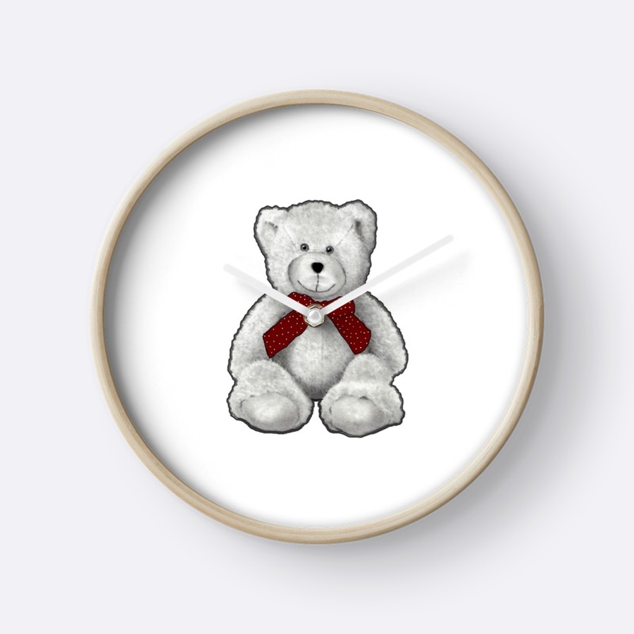 900x900 Smiling Teddy Bear, Pencil Drawing, Red Neck Tie Clocks By Joyce