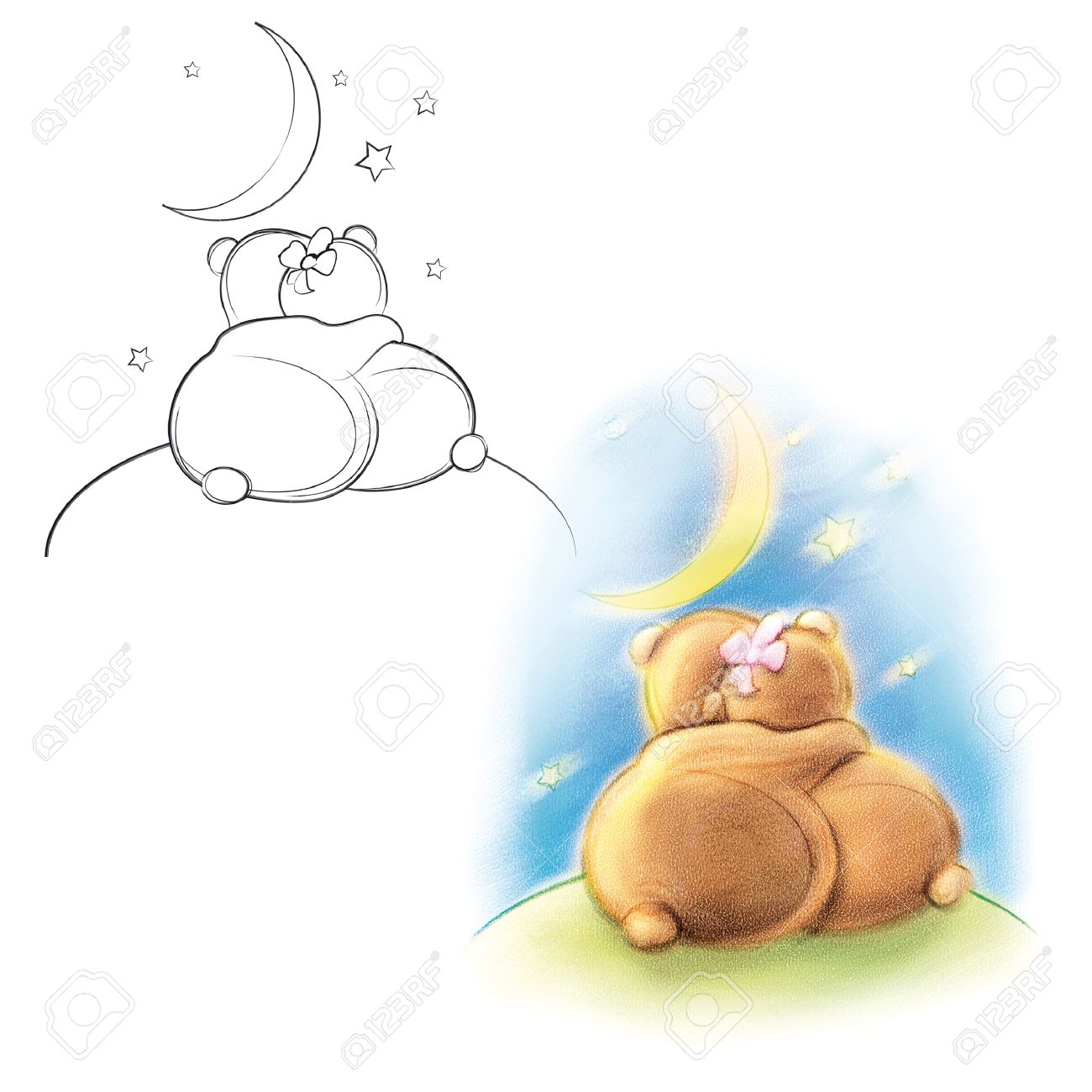 1300x1300 Couple In Love Under The Moon Teddy Bears. Drawing Bear. Stock