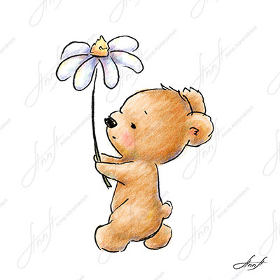 400x400 The Drawing Of Cute Teddy Bear Walking With A Huge Daisy.