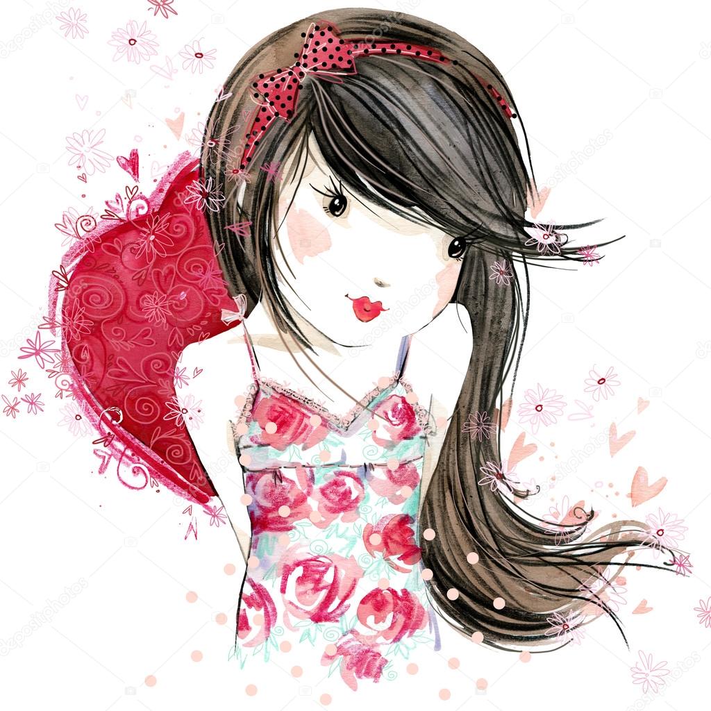 1024x1024 Cute Girl With Red Heart. Valentine Day. Watercolor Illustration