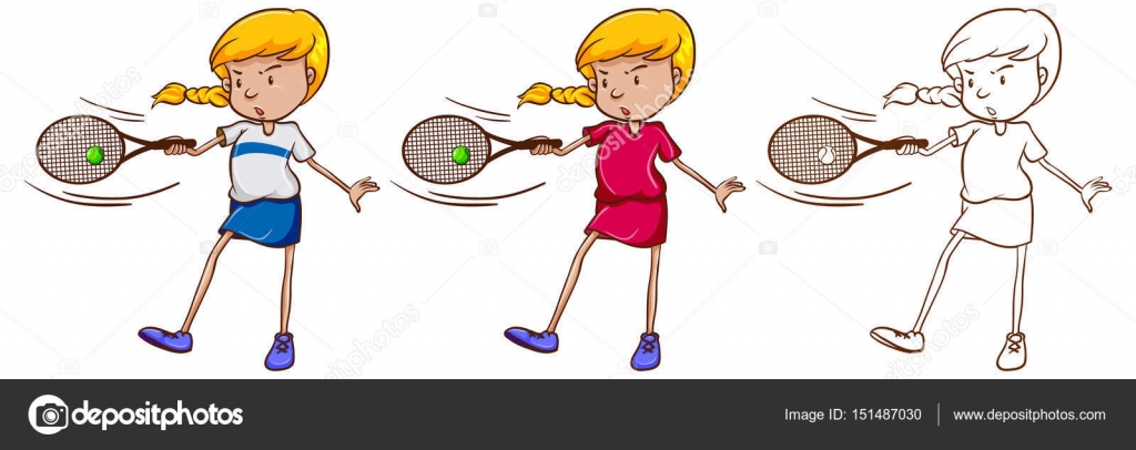 1024x406 Female Tennis Player In Three Different Drawing Styles Stock