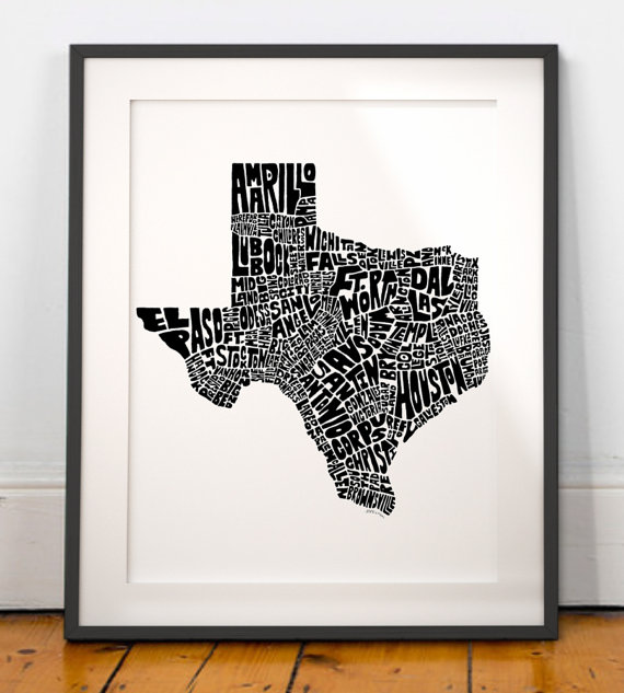 570x633 Texas Typography Map Art Print