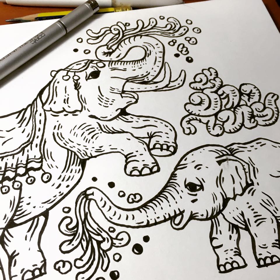 960x960 Thai Elephant Family Pattern Design Nokhookdesign