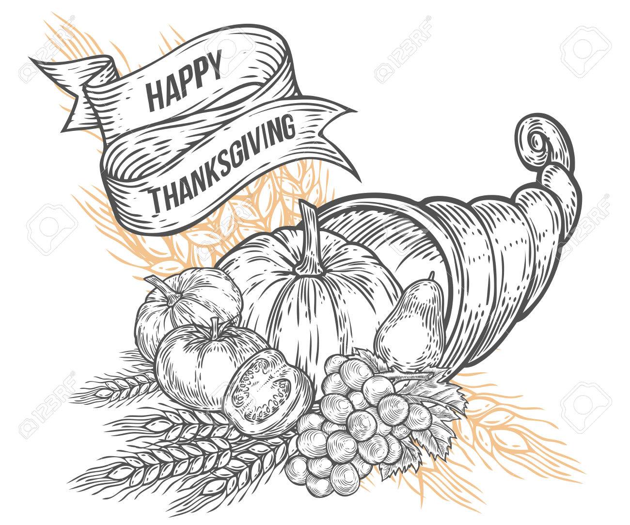 1300x1083 Thanksgiving Autumn Cornucopia Festival Badge. Monochrome Vintage