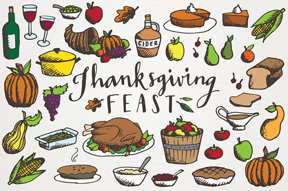 570x379 Thanksgiving Feast Clipart Hand Drawn Illustrations